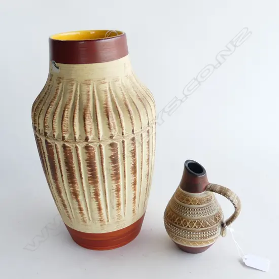 2 WEST GERMAN STUDIO POTTERY ITEMS. LGE VASE WITH SLIGHT FRIT & YELLOW INTERIOR H. 300mm  & SMALL JUG H. 140mm