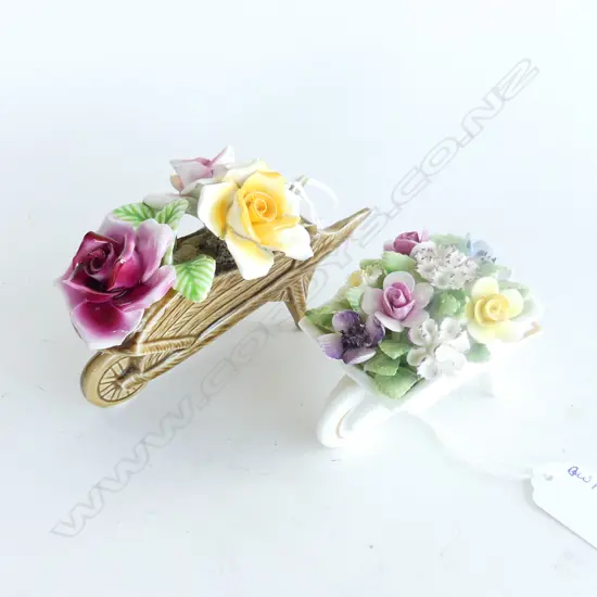 2 CHINA FLORAL WHEELBARROWS ROYAL DOULTON ETC H90 TALLEST
