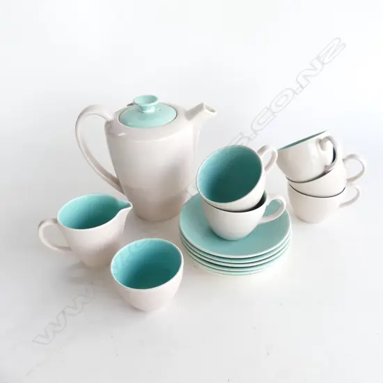 14 PCE POOLE TWIN TONE COFFEE SET; 5 CUPS, 6 SAUCERS, MILK, SUGAR & COFFEE POT - SKY BLUE / DOVE GREY