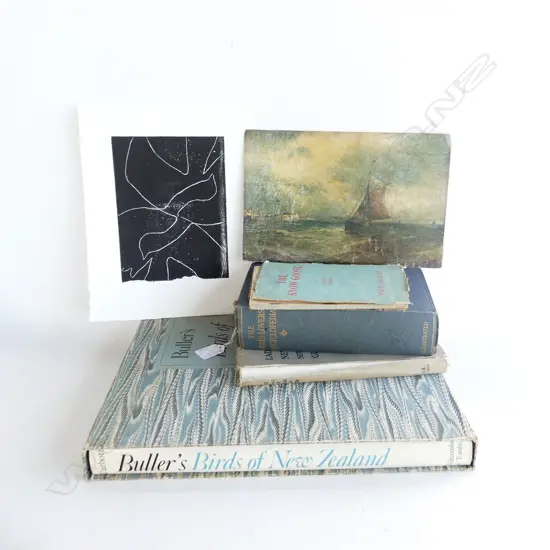 4 BOOKS + 2 UNFRAMED PRINTS; BULLERS BIRDS OF NZ, ENCYCLOPEDIA, LADY NEWALLS NZ GIFT BOOK, 'SNOW GOOSE'