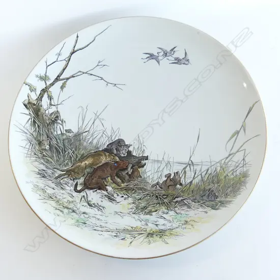 LG VICTORIAN BOAR HUNT CHARGER WALL PLATE DIAMOND FOR 1875 Wm BROWNFIELD & SONS, SYLVAN - HAIRLINE 480mm dia