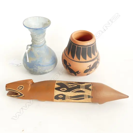 3 PCES; ROMAN GLASS FLASK H.120mm + CARVED PAINTED ANIMAL L.250mm, NAVAJO POTTERY VASE