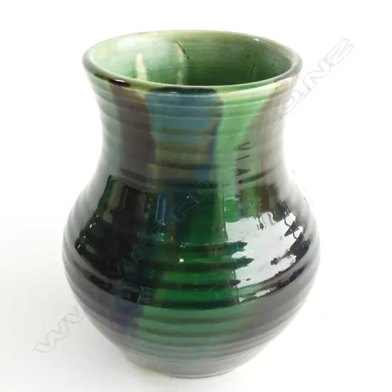 EARLY GREEN GLAZED STUDIO POTTERY VASE  INDERSTINCT MARKS H160MM