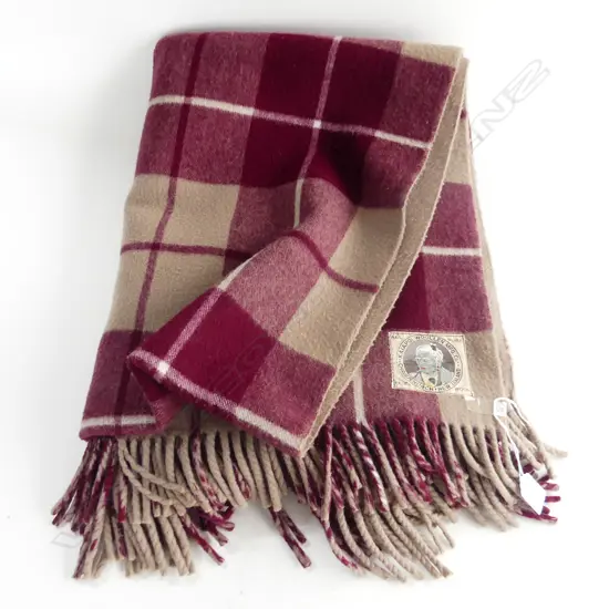 KAIAPOI WOOL TRAVEL RUG - MAORI CHIEF LABEL - MAROON / MUSHROOM CHECK