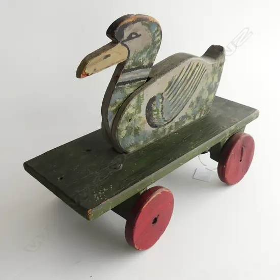 VINTAGE CHILDS PAINTED WOODEN PULL ALONG DUCK TOY L.320mm 
