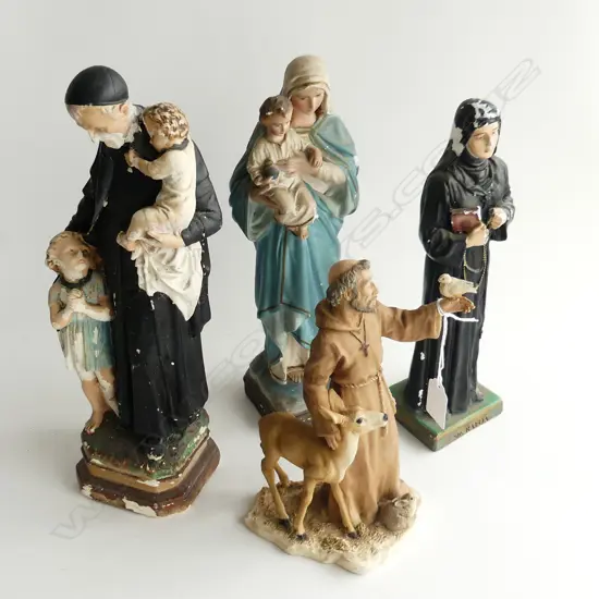 4 RELIGIOUS FIGURES; 3 PLASTER (losses) H.320mm + 1 CERAMIC