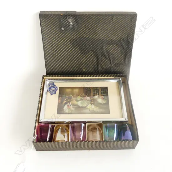 RETRO SM CHROME FRAMED TRAY WITH BALLERINA PRINT (240 x 160mm) & 6 ASST COLOURED SHOT GLASSES - IN ORIG. BOX