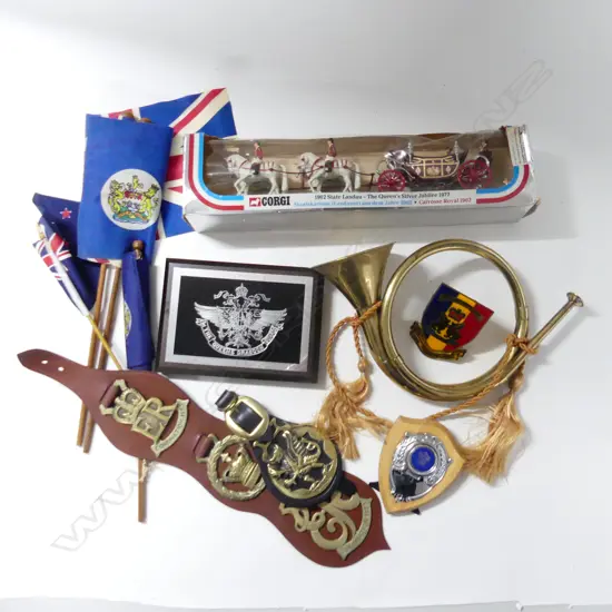 BOX LOT ASST. ROYAL MILITARY INTEREST; HORN, CORGI QUEENS SILVER JUBILEE COACH 1977