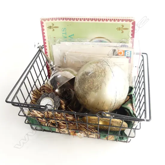 SM WIRE BASKET ASST COLLECTABLES ETC; STAMPS, CURTAIN TASSLE, GLOBE, CLOCK (WORKING)ETC..