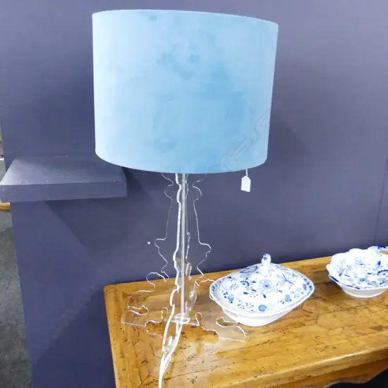 CLEAR ACRYLIC KARTELL STYLE LAMP w. BLUE VELVET SHADE H.690mm