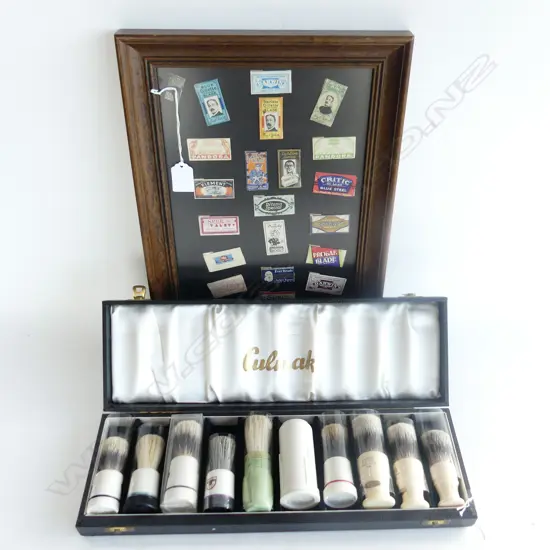 BOXED CULMAK SHAVING BRUSHES L410MM & FRAMED RAZORBLADE COLLECTION H410MM W290MM
