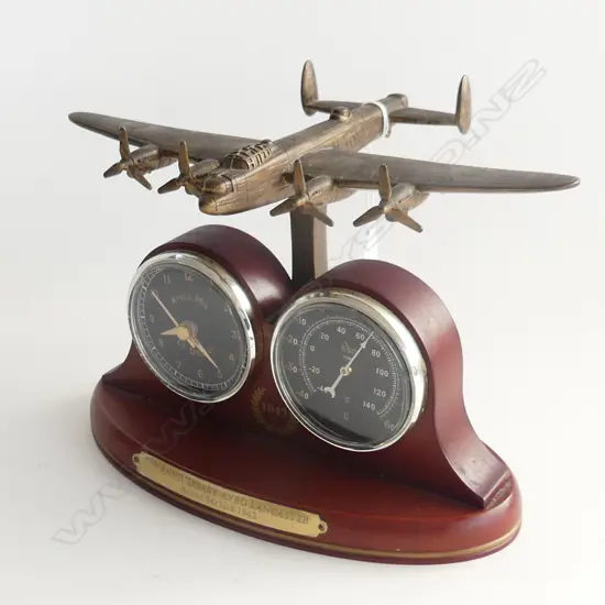 BRADFORD EXCHANGE 70th ANNIVERSARY LANCASTER BOMBER CLOCK & THERMOMETER w. BRONZED PLANE W.240mm