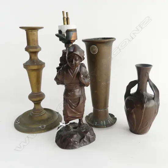 BRONZE LAMP BASE - ORIENTAL WOMAN - REPAIRS & REQ. WIRING H.260mm overall + ORIENTAL BRONZE VASE, CANDLESTICK & CUP 