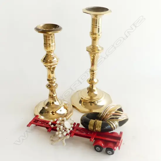 SMALL BOX BRASS CANDLESTICKS BRACLETS ETC