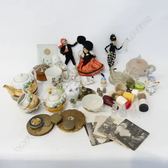 BOX LOT JAPANESE TEA SET, DOLLS, ASST. CHINA INCL. 2 PIANO BABIES ETC