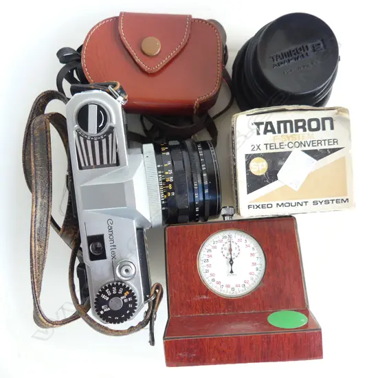 35MM SLR CAMERA CANONFLEX WITH STANDARD 50MM LENS PLUS MINOLTA 50MM LIGHT METER TAMRON EXTENDER AND TIMER