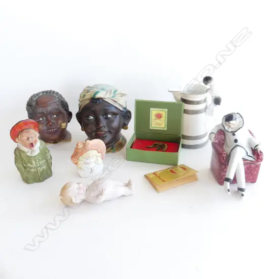 8 ASST. PCES; 2 AFRICAN LIDDED HEADS, JUG w. CAT HANDLE H.150mm, YAWNING BOY, 20s CLOWN, VICT. HALF DOLL, BABY, NZ CARDS