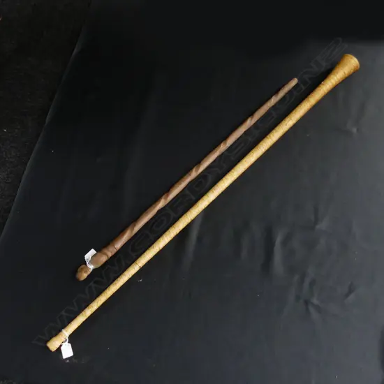 TRIBAL CARVED WOODEN WALKING STICK + LONG BIRCH BARK HORN L.1230mm