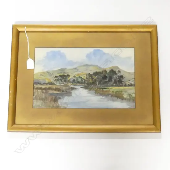 M. HALL W/C LANDSCAPE w. LAKE GILT FRAME 215x350mm