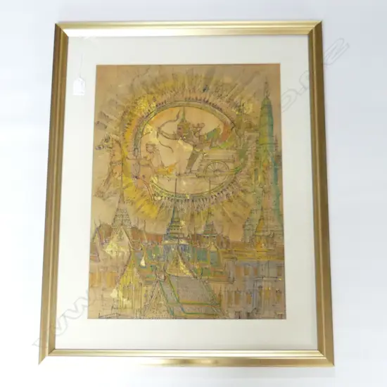 THAI WORK ON PAPER. TRADITIONAL FIGURE WITH BOW & ARROW, ON CARRIAGE.  HANDCOLORED INK WITH SOME GILT DETAIL. 520X385mm