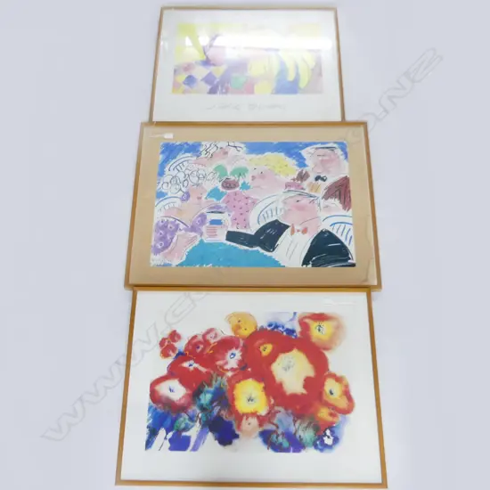 3 LG FRAMED PRINTS; JANE EVANS 'HELLO YOU YELLOW BANANAS' McGLASHAN 'RED HIBISCUS' SHONA McLEAN LUNCHING FACES 520x735mm