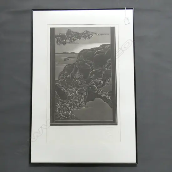 ROBYN HUGHES 'PIANO AND CLIFF' AQUATINT/ETCHING 1980 W. 320mm x H. 490mm