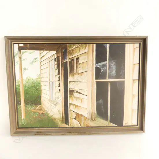 DENNIS WEBSTER OIL ON BOARD MILL ROAD WINDOW PAEROA  SIGNED AND DATED 81 600 X 400 MM