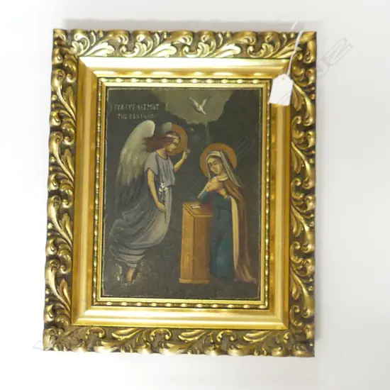 GILT FRAMED ICONIC PAINTING MARY & ANGEL ON WOOD PANEL H380MM W315MM