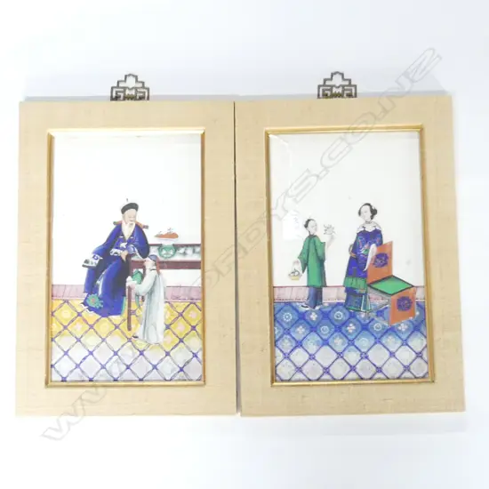 2 CHINESE HANDPAINTED GLASS PANELS. ONE OF ELDERLY GENT WITH SERVANT, OTHER DOMESTIC SCENE. BOTH 315X215mm . SOME FOXING