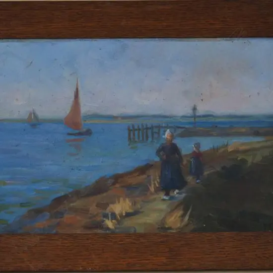 MAY LINGARD (NZ 19thC), LADY & CHILD ON HARBOUR PATH, OIL ON BOARD, SIGNED, 360mm x 500mm