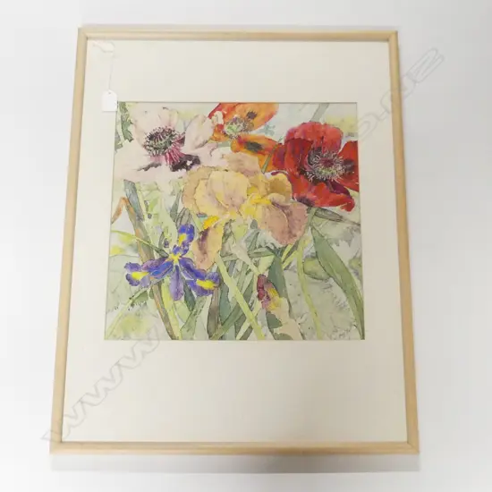 SIGNED W/C IRIS & POPPY FLOWERS 390x390mm