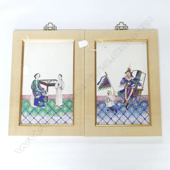 2 CHINESE GLASS HANDPAINTED PANELS. ONE  AN EMPEROR & SERVANT OTHER A DOMESTIC SCENE. BOTH 315X195mm . NB SOME FOXING .