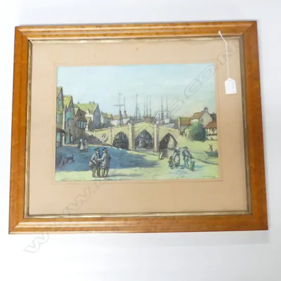 GOUACHE PAINTING COATAL TOWN W BOATS SIGNED 270x360mm birdseye maple frame