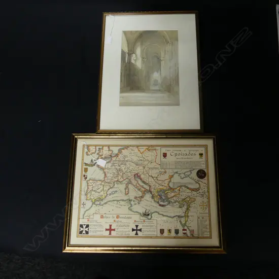 CHURCH NAVE W/C 350x225mm + FRENCH MAP OF CRUSADES 390x530mm