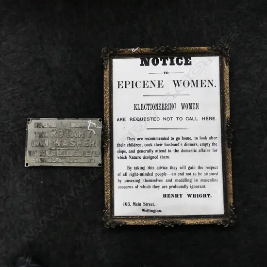 FRAMED POLITICAL NOTICE  H450MM W320MM &  PLATED ROTARY WASHER PLAQUE H120MM L200MM