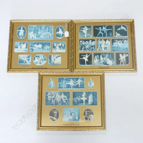 3 RETRO FRAMED BLUE & WHITE BALLET PRINTS; SLEEPING BEAUTY ETC.. EACH FRAME HAS 9 PRINTS 