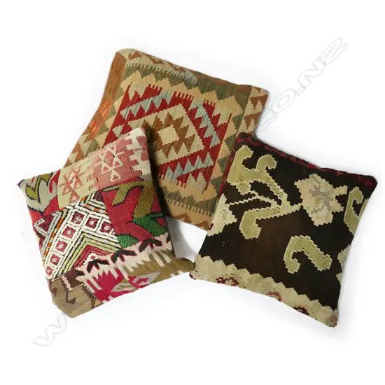 3 ASSORTED TURKISH KILIM CUSHIONS, 400 x 400mm (2) & 460 x 460mm