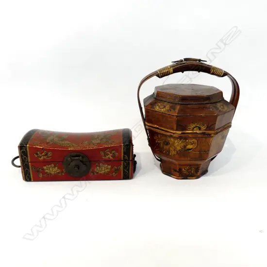 2 ORIENTAL LIDDED CONTAINERS; BASKET & HEAD REST BOX L.220mm