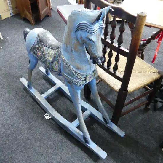 CARVED WOODEN BLUE PAINTED ROCKING HORSE H.965mm
