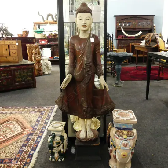 TALL ORIENTAL CARVED & PAINTED WOOD STANDING GODDESS FIGURE. H.1220mm.