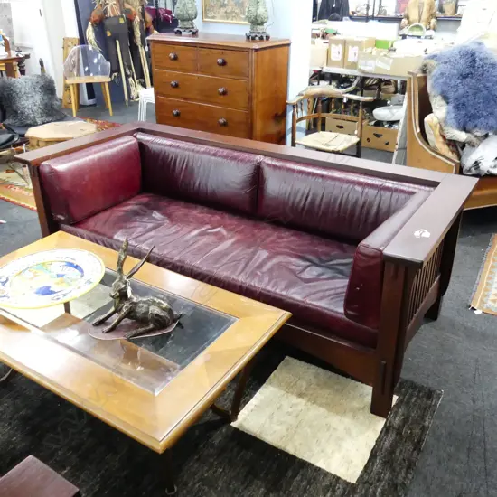 3 SEATER ARTS & CRAFTS / MISSION STYLE SOFA - RED LEATHER UPHOLSTERY 2120x930x740mm