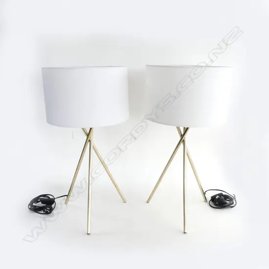 PR CONTEMPORARY LAMPS; GOLD METAL TRIPOD BASE w. WHITE DRUM SHADES H.610mm