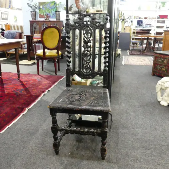 ANTIQUE BLACK PAINTED BARLEY TWIST CARVED CHAIR