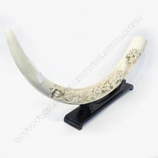 RESIN CARVED ELEPHANT TUSK ON STAND W.850mm