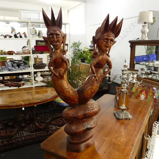 ORIENTAL CARVED WOODEN STATUE; 2 HUMAN HEADED DRAGON H.880mm