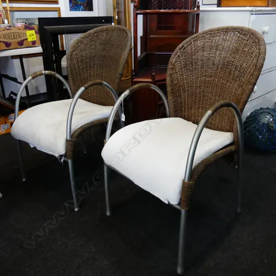 PAIR OF WICKER AND METAL CONSERVATORY CHAIRS SOME WEAR TO ONE ARM AND SEATS NEED CLEANING
