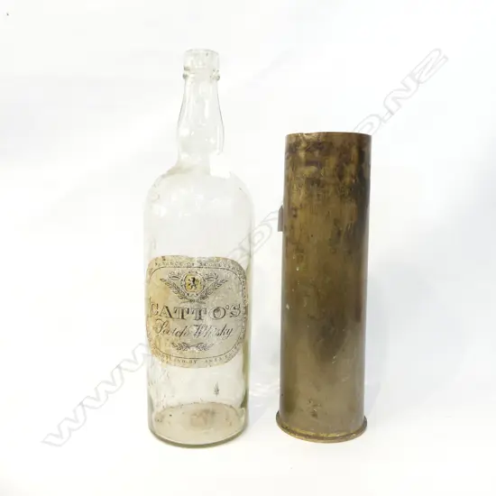 OLD BRASS CARTRIDGE (H. 370MM) + LG OLD WHISKY BOTTLE (H. 475MM)
