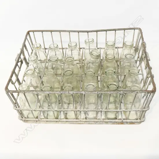 VINTAGE WIRE CRATE OF MILK BOTTLES 'NZD' H.150mm