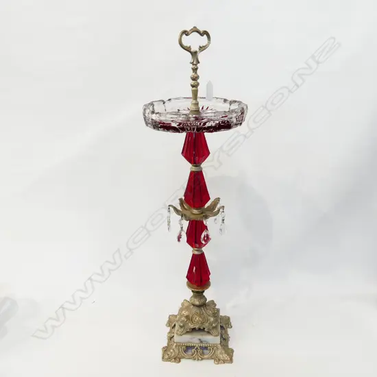 BOHEMIAN RUBY GLASS ASHTRAY ON METAL & MARBLE STAND (H. 710MM)