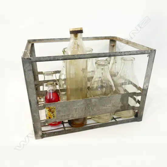 LG VINTAGE METAL CRATE WITH ASST VINTAGE BOTTLES